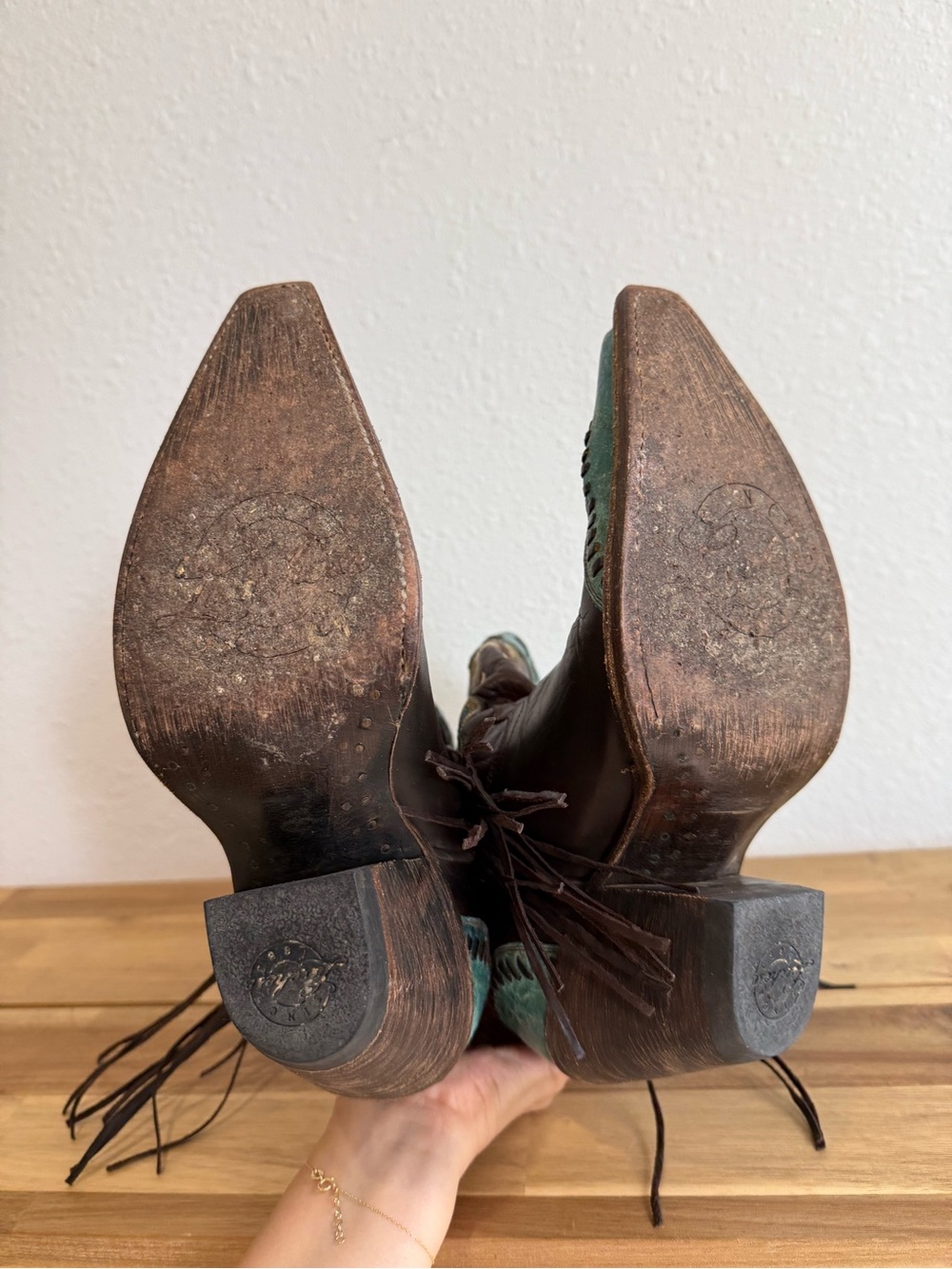 Lucchese Western Cowboy Boots Choc Brown Turquoise Crater Wingtip Fringe 6 B - Picture 8 of 14